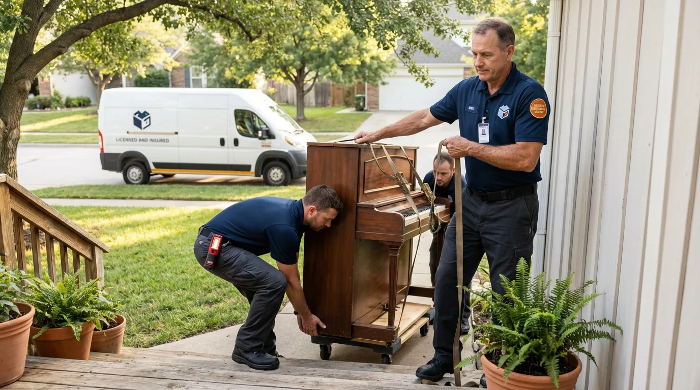 Licensed piano movers securing grand piano in Annapolis, MD